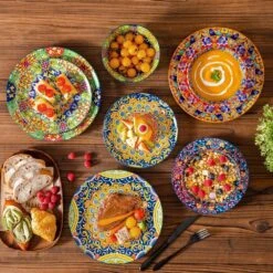 12-Piece Multi-Colored Porcelain Dinnerware Set Service For 4 Dining Set With Dinner Plates Dessert Plates And Bowls -Vancasso Shop multi colored vancasso dinnerware sets vc simi d12 h a0 1000