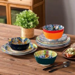 12-Piece Multi-Colored Porcelain Dinnerware Set Service For 4 Dining Set With Dinner Plates Dessert Plates And Bowls -Vancasso Shop multi colored vancasso dinnerware sets vc simi d12 h d4 1000