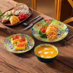 12-Piece Multi-Colored Porcelain Dinnerware Set Service For 4 Dining Set With Dinner Plates Dessert Plates And Bowls -Vancasso Shop multi colored vancasso dinnerware sets vc simi d12 h fa 1000