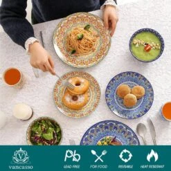 16-Piece Multicolored Porcelain Dinnerware Set Service For 4 Mandala Pattern Tableware Dining Set With Bowls Plates Mugs -Vancasso Shop multicolored vancasso dinnerware sets vc mandala m sl 4f 1000