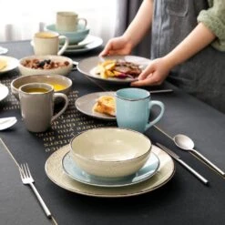 Navia Nature Multi-colors 32-Piece Stoneware Dinnerware Sets With Dinner Plate, Dessert Plate, Bowl, Mug (Service For 8) -Vancasso Shop nature vancasso dinnerware sets vc navia 15 sl 2 31 1000