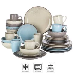 Navia Nature Multi-colors 32-Piece Stoneware Dinnerware Sets With Dinner Plate, Dessert Plate, Bowl, Mug (Service For 8) -Vancasso Shop nature vancasso dinnerware sets vc navia 15 sl 2 4f 1000