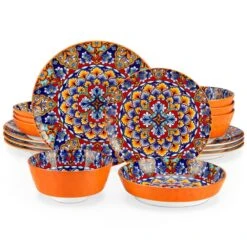 16-Piece Orange Porcelain Dinnerware Set Service For 4 Bohemian Style Bowls And Plates Set Dining Set Tableware Set