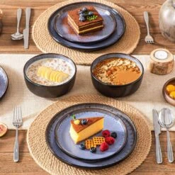 Series Amber 12-Piece Purple And Black Stoneware Dinnerware Set Service For 4 Bowls And Plates Dining Set Tableware -Vancasso Shop purple and black vancasso dinnerware sets vc amber v 12 31 1000