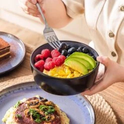 Series Amber 12-Piece Purple And Black Stoneware Dinnerware Set Service For 4 Bowls And Plates Dining Set Tableware -Vancasso Shop purple and black vancasso dinnerware sets vc amber v 12 40 1000