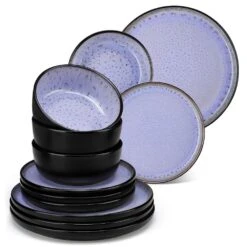 Series Amber 12-Piece Purple And Black Stoneware Dinnerware Set Service For 4 Bowls And Plates Dining Set Tableware