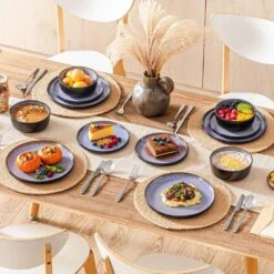 Series Amber 12-Piece Purple And Black Stoneware Dinnerware Set Service For 4 Bowls And Plates Dining Set Tableware -Vancasso Shop purple and black vancasso dinnerware sets vc amber v 12 76 1000