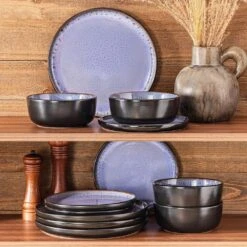 Series Amber 12-Piece Purple And Black Stoneware Dinnerware Set Service For 4 Bowls And Plates Dining Set Tableware -Vancasso Shop purple and black vancasso dinnerware sets vc amber v 12 d4 1000