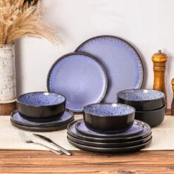 Series Amber 12-Piece Purple And Black Stoneware Dinnerware Set Service For 4 Bowls And Plates Dining Set Tableware -Vancasso Shop purple and black vancasso dinnerware sets vc amber v 12 fa 1000 1