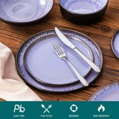 Series Amber 16-Piece Purple And Black Stoneware Dinnerware Set Service For 4 Bowls And Plates Dining Set Tableware -Vancasso Shop purple and black vancasso dinnerware sets vc amber v 16 1f 1000