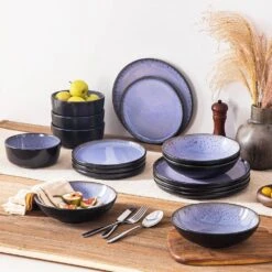 Series Amber 16-Piece Purple And Black Stoneware Dinnerware Set Service For 4 Bowls And Plates Dining Set Tableware -Vancasso Shop purple and black vancasso dinnerware sets vc amber v 16 40 1000