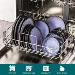 Series Amber 16-Piece Purple And Black Stoneware Dinnerware Set Service For 4 Bowls And Plates Dining Set Tableware -Vancasso Shop purple and black vancasso dinnerware sets vc amber v 16 4f 1000