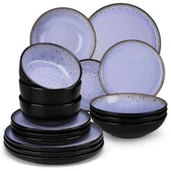 Series Amber 16-Piece Purple And Black Stoneware Dinnerware Set Service For 4 Bowls And Plates Dining Set Tableware