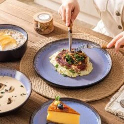 Series Amber 16-Piece Purple And Black Stoneware Dinnerware Set Service For 4 Bowls And Plates Dining Set Tableware -Vancasso Shop purple and black vancasso dinnerware sets vc amber v 16 66 1000