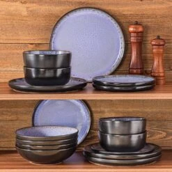 Series Amber 16-Piece Purple And Black Stoneware Dinnerware Set Service For 4 Bowls And Plates Dining Set Tableware -Vancasso Shop purple and black vancasso dinnerware sets vc amber v 16 76 1000