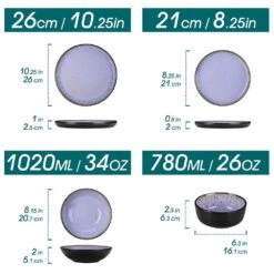 Series Amber 16-Piece Purple And Black Stoneware Dinnerware Set Service For 4 Bowls And Plates Dining Set Tableware -Vancasso Shop purple and black vancasso dinnerware sets vc amber v 16 c3 1000