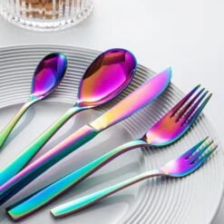 60-Piece Rainbow Colors Stainless Steel Flatware Set Serving Set Mirror Polished Silverware Set Service For 12 16 60-Piece Rainbow Colors Stainless Steel Flatware Set Serving Set Mirror Polished Silverware Set Service For 12 -Vancasso Shop rainbow colors vancasso serving sets vs sw a60 c 76 1000