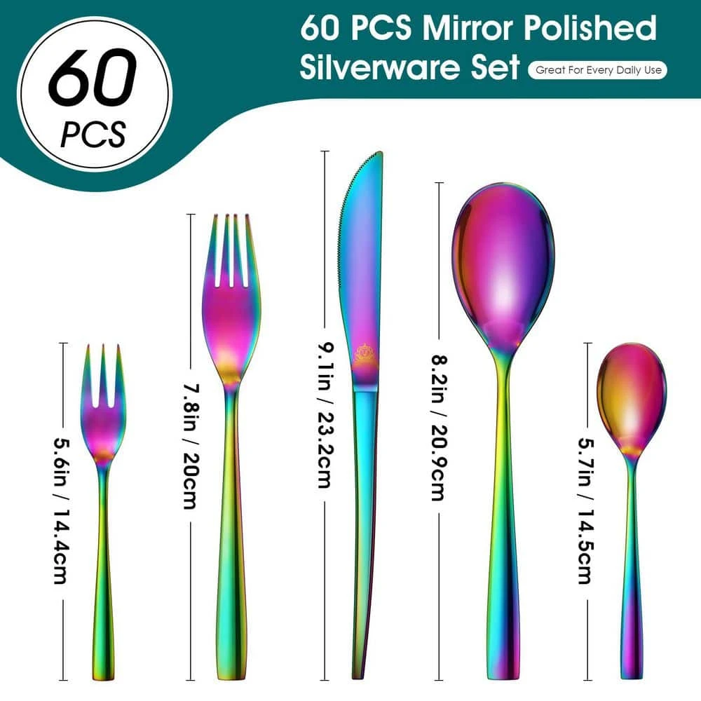 60-Piece Rainbow Colors Stainless Steel Flatware Set Serving Set Mirror Polished Silverware Set Service For 12 4 60-Piece Rainbow Colors Stainless Steel Flatware Set Serving Set Mirror Polished Silverware Set Service For 12 - Image 2