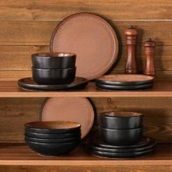 Series Amber 16-Piece Red And Black Stoneware Dinnerware Set Service For 4 Bowls And Plates Dining Set Tableware -Vancasso Shop red and black vancasso dinnerware sets vc amber r 16 76 1000