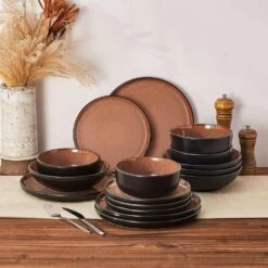 Series Amber 16-Piece Red And Black Stoneware Dinnerware Set Service For 4 Bowls And Plates Dining Set Tableware -Vancasso Shop red and black vancasso dinnerware sets vc amber r 16 fa 1000 1