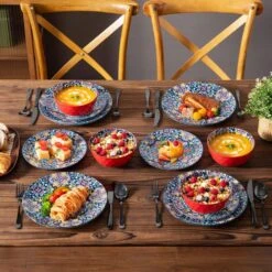 12-Piece Red Porcelain Dinnerware Set Service For 4 Dining Set With Dinner Plates Dessert Plates And Bowls -Vancasso Shop red and blue vancasso dinnerware sets vc simi d12 04 44 1000