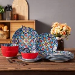 12-Piece Red Porcelain Dinnerware Set Service For 4 Dining Set With Dinner Plates Dessert Plates And Bowls -Vancasso Shop red and blue vancasso dinnerware sets vc simi d12 04 a0 1000