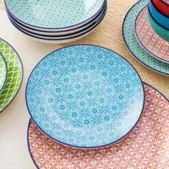 16-Piece Red Blue Green Turquoise Porcelain Dinnerware Set Service For 4 Bowls And Plates Dining Set -Vancasso Shop red blue green turquoise vancasso dinnerware sets vc macaron 16t 40 1000