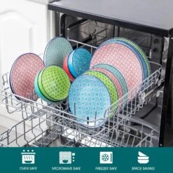 16-Piece Red Blue Green Turquoise Porcelain Dinnerware Set Service For 4 Bowls And Plates Dining Set -Vancasso Shop red blue green turquoise vancasso dinnerware sets vc macaron 16t 4f 1000