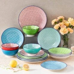 16-Piece Red Blue Green Turquoise Porcelain Dinnerware Set Service For 4 Bowls And Plates Dining Set -Vancasso Shop red blue green turquoise vancasso dinnerware sets vc macaron 16t fa 1000 1