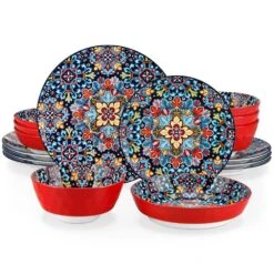 16-Piece Red Porcelain Dinnerware Set Service For 4 Bohemian Style Bowls And Plates Set Dining Set Tableware Set
