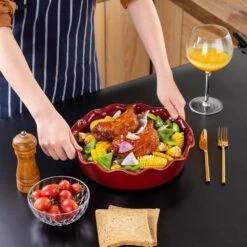 1-Piece Red Porcelain 2.3 Qt. Pie Dish No-Stick Quiche Pan Baking Flan Tart Tins Oven Dish For Baking Fluted Flan Dish -Vancasso Shop red vancasso pie plates vc blossom a03 1f 1000