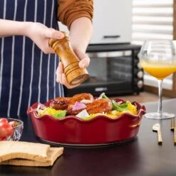 1-Piece Red Porcelain 2.3 Qt. Pie Dish No-Stick Quiche Pan Baking Flan Tart Tins Oven Dish For Baking Fluted Flan Dish -Vancasso Shop red vancasso pie plates vc blossom a03 44 1000