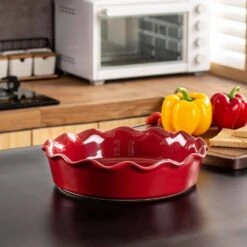 1-Piece Red Porcelain 2.3 Qt. Pie Dish No-Stick Quiche Pan Baking Flan Tart Tins Oven Dish For Baking Fluted Flan Dish -Vancasso Shop red vancasso pie plates vc blossom a03 76 1000