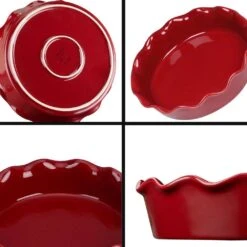 1-Piece Red Porcelain 2.3 Qt. Pie Dish No-Stick Quiche Pan Baking Flan Tart Tins Oven Dish For Baking Fluted Flan Dish -Vancasso Shop red vancasso pie plates vc blossom a03 c3 1000