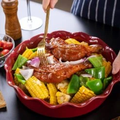 1-Piece Red Porcelain 2.3 Qt. Pie Dish No-Stick Quiche Pan Baking Flan Tart Tins Oven Dish For Baking Fluted Flan Dish -Vancasso Shop red vancasso pie plates vc blossom a03 d4 1000