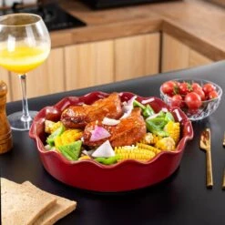 1-Piece Red Porcelain 2.3 Qt. Pie Dish No-Stick Quiche Pan Baking Flan Tart Tins Oven Dish For Baking Fluted Flan Dish -Vancasso Shop red vancasso pie plates vc blossom a03 fa 1000