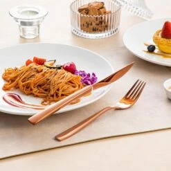 48-Piece Rose Gold Stainless Steel Flatware Set Silverware Set Serving Set Service For 12 -Vancasso Shop rose gold vancasso serving sets vs sw a48 r 1f 1000