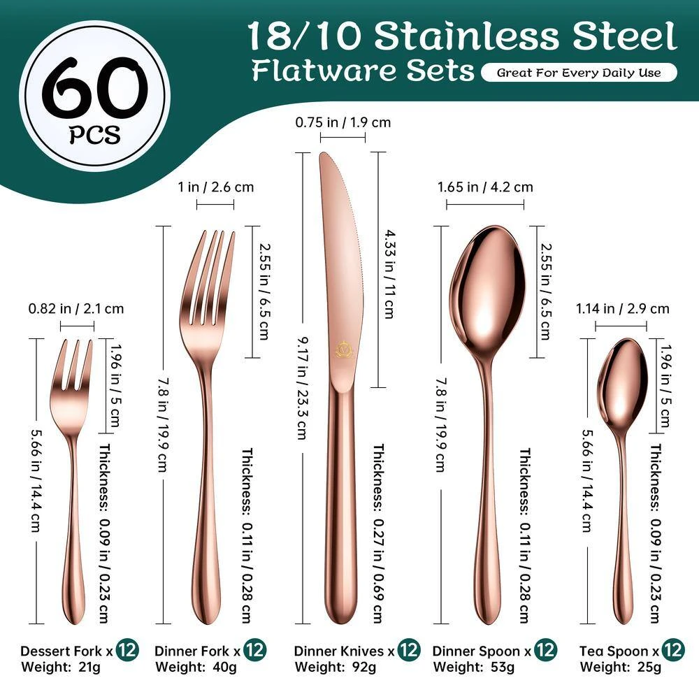 60-Piece Rose Gold Stainless Steel Flatware Set (Service For 12) 4 60-Piece Rose Gold Stainless Steel Flatware Set (Service For 12) - Image 2