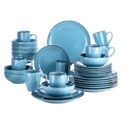 Navia Oceano Sea Blue 32-Piece Ceramic Dinnerware Set With Dinner Plate, Dessert Plate, Cereal Bowl, Mug (Service For 8)