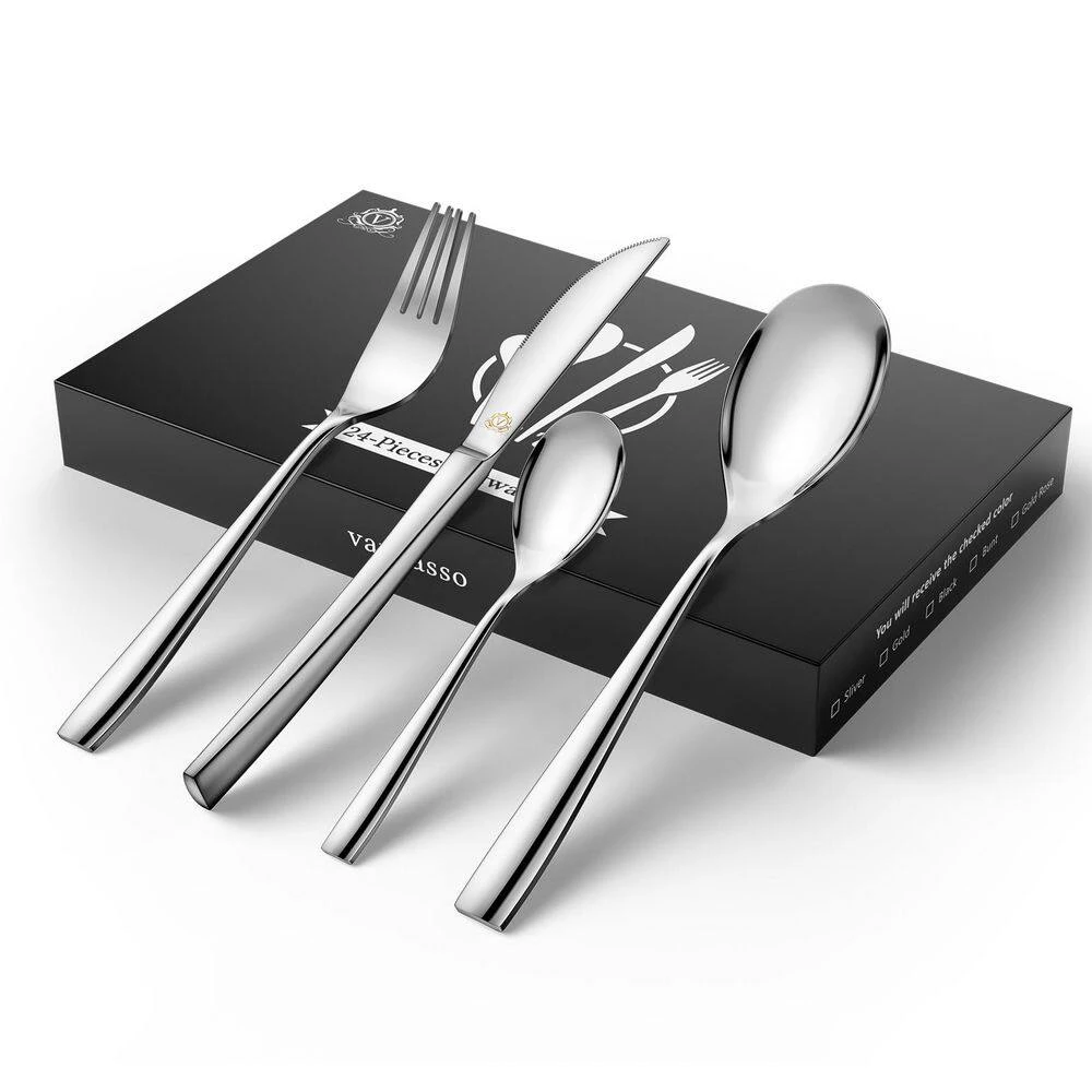 24-Piece Silver Stainless Steel Flatware Set Silverware Set Serving Set Service For 6 3 24-Piece Silver Stainless Steel Flatware Set Silverware Set Serving Set Service For 6