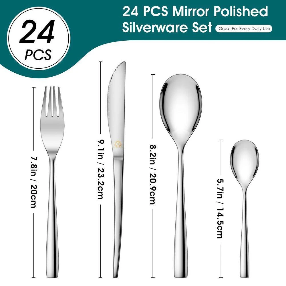 24-Piece Silver Stainless Steel Flatware Set Silverware Set Serving Set Service For 6 5 24-Piece Silver Stainless Steel Flatware Set Silverware Set Serving Set Service For 6 - Image 3
