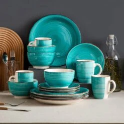 Bella 16-Pieces Dinnerware Set Porcelain Dinner Set Crockery In Vintage Look Turquoise (Service For 4) 14 Bella 16-Pieces Dinnerware Set Porcelain Dinner Set Crockery In Vintage Look Turquoise (Service For 4) -Vancasso Shop turquoise vancasso dinnerware sets vc bella t sl 1f 1000