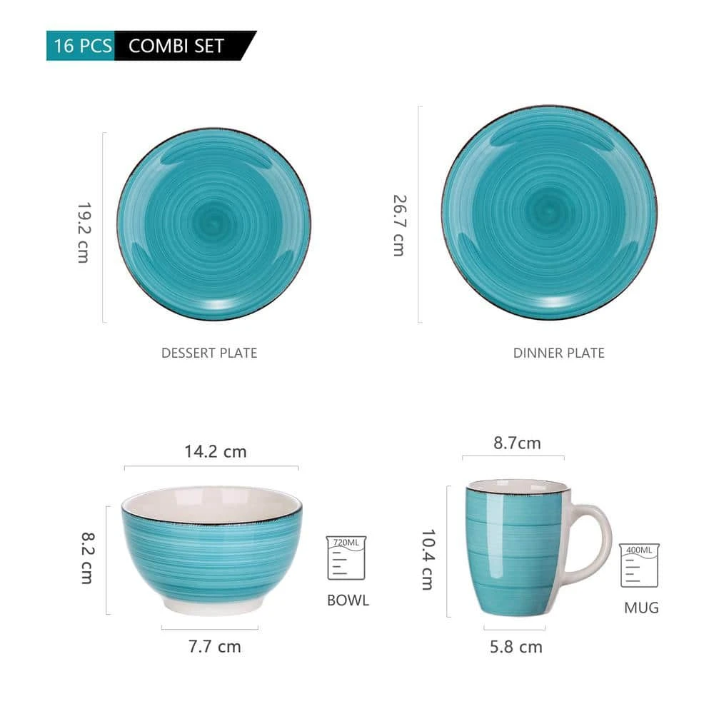 Bella 16-Pieces Dinnerware Set Porcelain Dinner Set Crockery In Vintage Look Turquoise (Service For 4) 4 Bella 16-Pieces Dinnerware Set Porcelain Dinner Set Crockery In Vintage Look Turquoise (Service For 4) - Image 2
