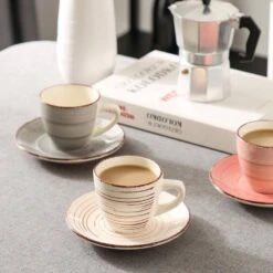6.5 Oz. Beige Gray Pink Turquoise Stoneware Coffee Cups And Coffee Saucers Set (Set Of 8) Coffee Service Set For 4 -Vancasso Shop vancasso coffee cups mugs vc bella bkf b 1d 1000