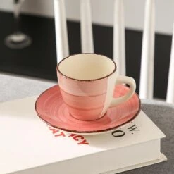 6.5 Oz. Beige Gray Pink Turquoise Stoneware Coffee Cups And Coffee Saucers Set (Set Of 8) Coffee Service Set For 4 -Vancasso Shop vancasso coffee cups mugs vc bella bkf b 1f 1000