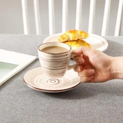 6.5 Oz. Beige Gray Pink Turquoise Stoneware Coffee Cups And Coffee Saucers Set (Set Of 8) Coffee Service Set For 4 -Vancasso Shop vancasso coffee cups mugs vc bella bkf b 31 1000