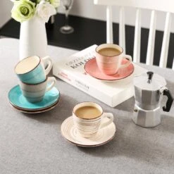 6.5 Oz. Beige Gray Pink Turquoise Stoneware Coffee Cups And Coffee Saucers Set (Set Of 8) Coffee Service Set For 4 -Vancasso Shop vancasso coffee cups mugs vc bella bkf b 66 1000