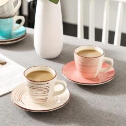 6.5 Oz. Beige Gray Pink Turquoise Stoneware Coffee Cups And Coffee Saucers Set (Set Of 8) Coffee Service Set For 4 -Vancasso Shop vancasso coffee cups mugs vc bella bkf b 76 1000