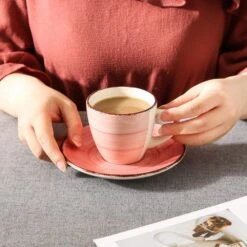 6.5 Oz. Beige Gray Pink Turquoise Stoneware Coffee Cups And Coffee Saucers Set (Set Of 8) Coffee Service Set For 4 -Vancasso Shop vancasso coffee cups mugs vc bella bkf b 77 1000
