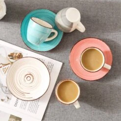 6.5 Oz. Beige Gray Pink Turquoise Stoneware Coffee Cups And Coffee Saucers Set (Set Of 8) Coffee Service Set For 4 -Vancasso Shop vancasso coffee cups mugs vc bella bkf b a0 1000